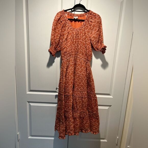 THE ODELLS Margherita Midi Dress - BRICK MULTI NWOT - Picture 4 of 6